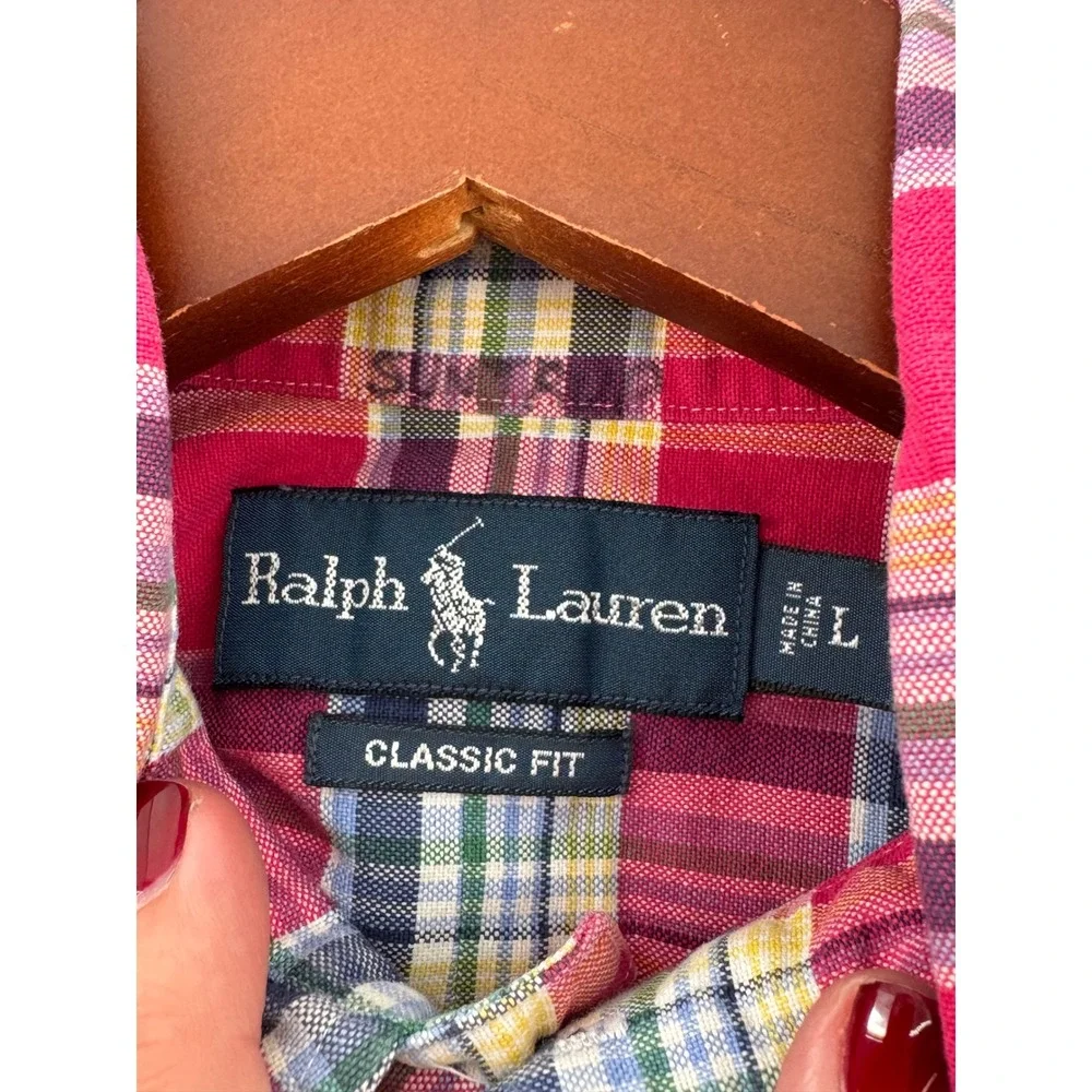 Ralph‎ Lauren Mens Classic Fit Red Plaid Cotton Button Down Shirt Large Long Slv